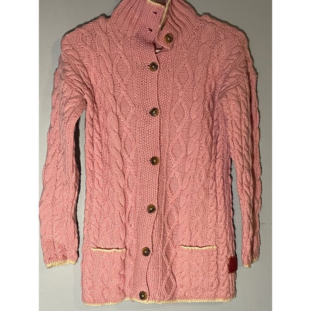 Scotland Wool Pink Cable knit Cardigan Sweater with Buttons and Pickets